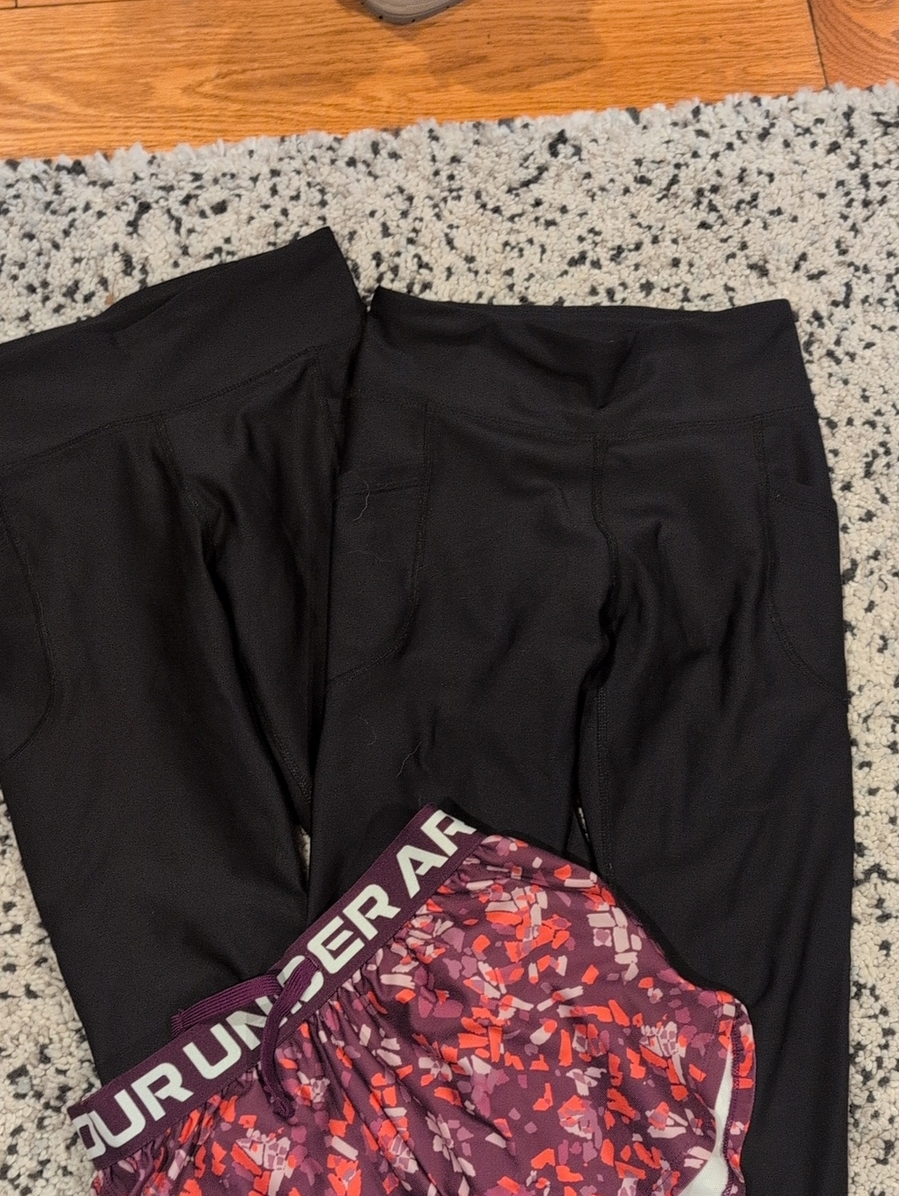 Old Navy Black Leggings with Under Armour Purple & Red Patterned Shorts Bundle